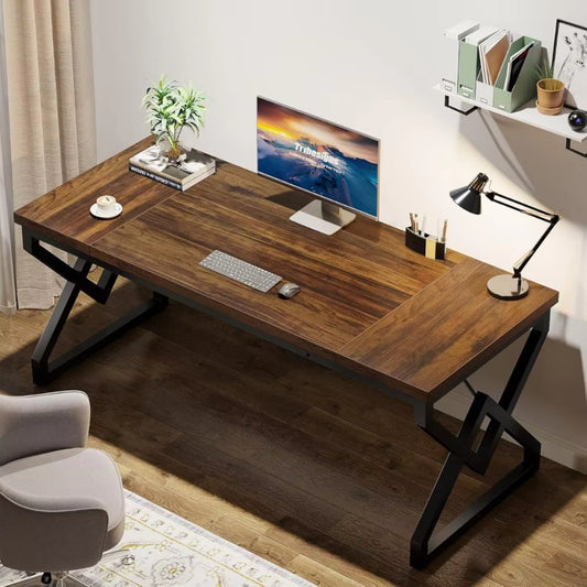 63 Inch Executive Desk, Large Office Computer Desk with Extra Thick Wooden Tabletop and Metal Frame, Modern Simple Wo