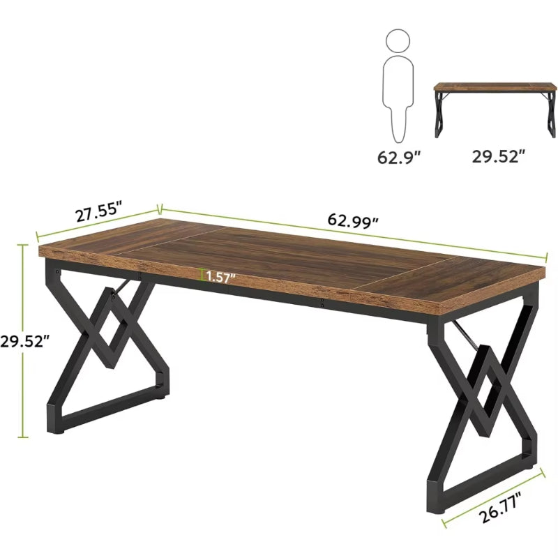 63 Inch Executive Desk, Large Office Computer Desk with Extra Thick Wooden Tabletop and Metal Frame, Modern Simple Wo