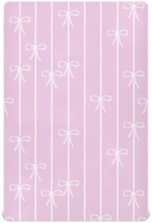 Fitted Crib Sheets with Pink White Bows and Stripes for Baby Toddler