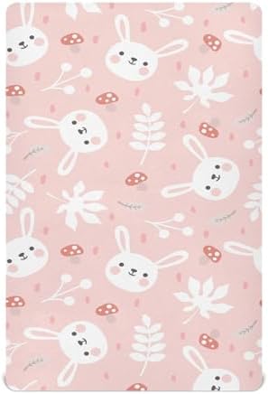 Bunny Mushroom Pink Crib Sheets 52x28in Stretchy Playard Sheets for Baby
