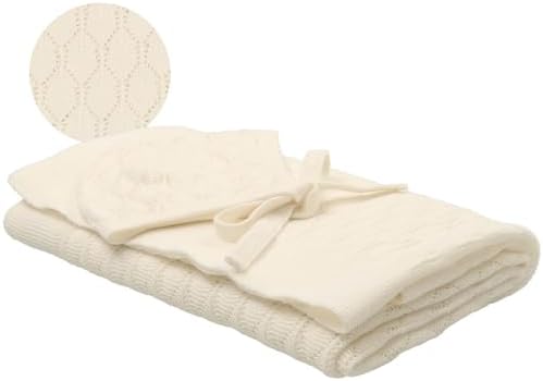 Pointelle Knit Baby Blanket with Bonnet - Cream 29 x 36