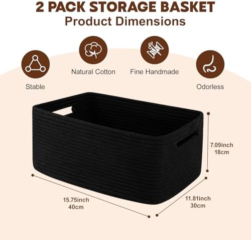 OIAHOMY Woven Storage Basket 2-Pack Black