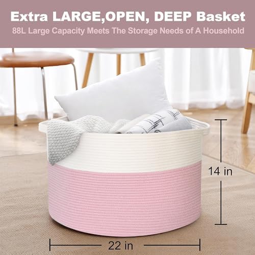 Pink Woven Storage Basket with Handles 22X22X14 XXXL Capacity