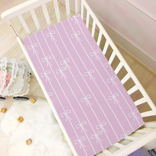 Fitted Crib Sheets with Pink White Bows and Stripes for Baby Toddler