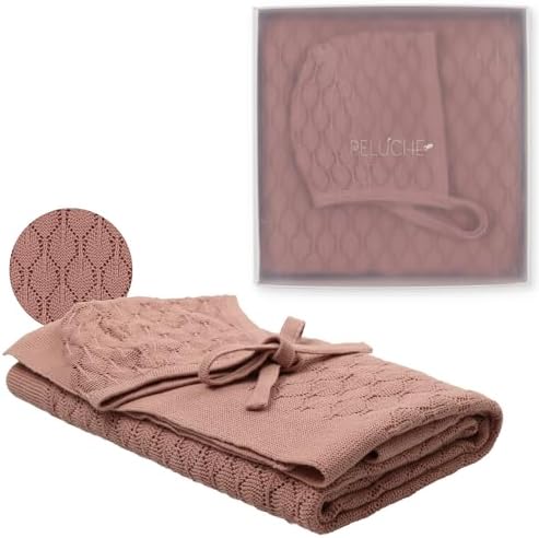 Peluche Pointelle Knit Baby Blanket with Bonnet - Mauve 29 x 36