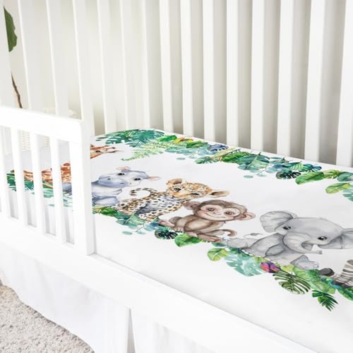 Hwmmbh Jungle Safari Crib Sheet 52x28 Fitted Leopard Elephant Giraffe Zebra Monkey