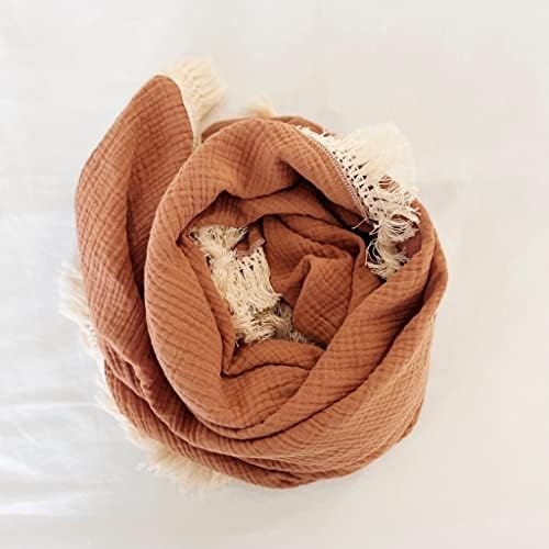 Bettrkind Muslin Receiving Blanket with Boho Fringe Rust
