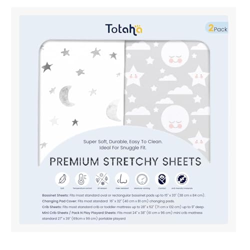 TotAha Premium Stretchy Crib Sheets 2-Pack - Moon Grey Sky