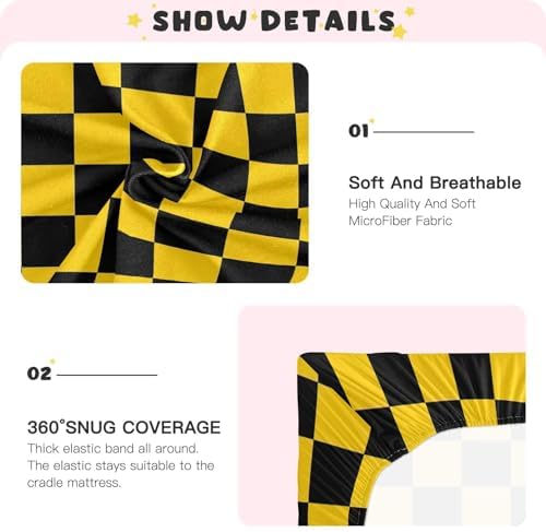 Wassud Yellow and Black Checkered Crib Sheets Set