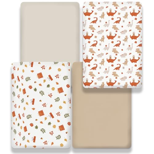 Bimocosy Mini Crib Sheets 4 Pack Dinosaur Leaves