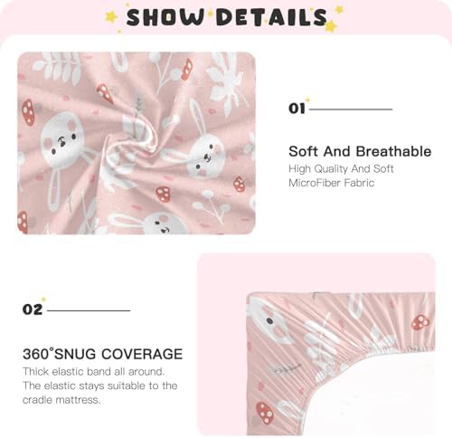 Bunny Mushroom Pink Crib Sheets 52x28in Stretchy Playard Sheets for Baby