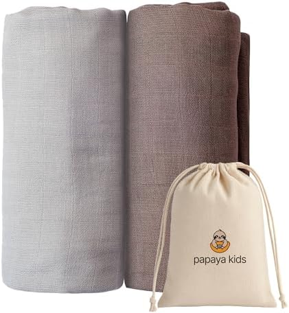 Papaya Kids Muslin Swaddle Blankets - 2-Pack Light Blue Brown