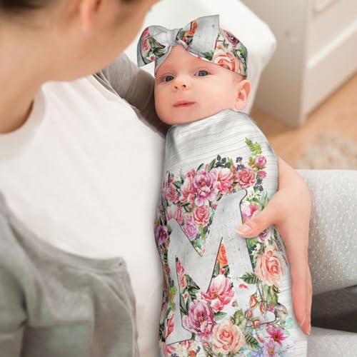 Letter M Flower Swaddle Blanket with Headband for Newborn