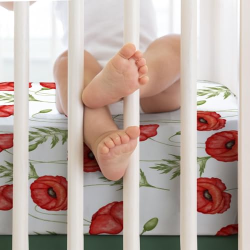 Soft Breathable Floral Crib Sheet 52x28 Red Poppy