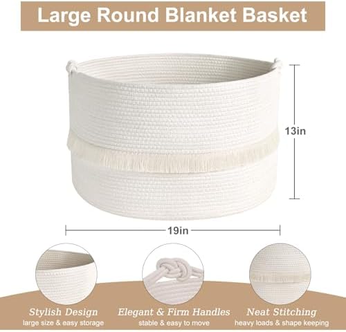 White Large Blanket Basket with Handle 20x13 Woven Storage Basket