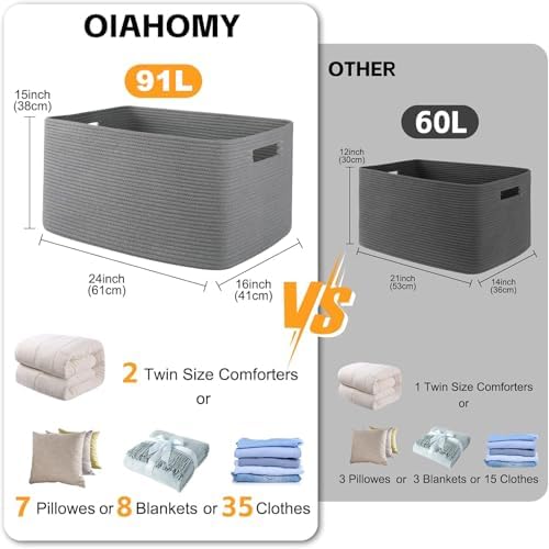 OIAHOMY XXLarge Rectangle Blanket Basket - 96L Dark Grey 1