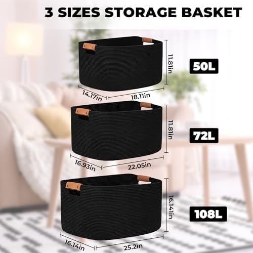 Danpinera Large Woven Basket 108L Cotton Rope Hamper with Leather Handle