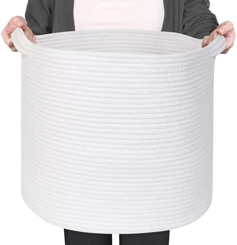 Large White Woven Storage Basket with Handles