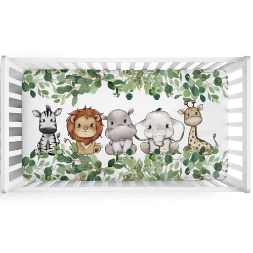 Cute Safari Animals Eucalyptus Leaves Crib Sheet 52x28