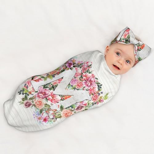 Letter M Flower Swaddle Blanket with Headband for Newborn