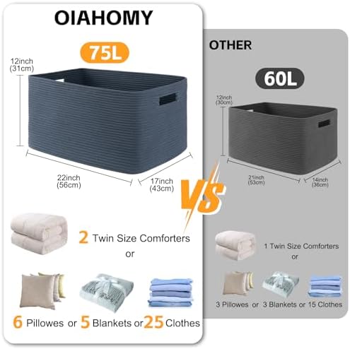 OIAHOMY 75L Blanket Basket with Handle Blue