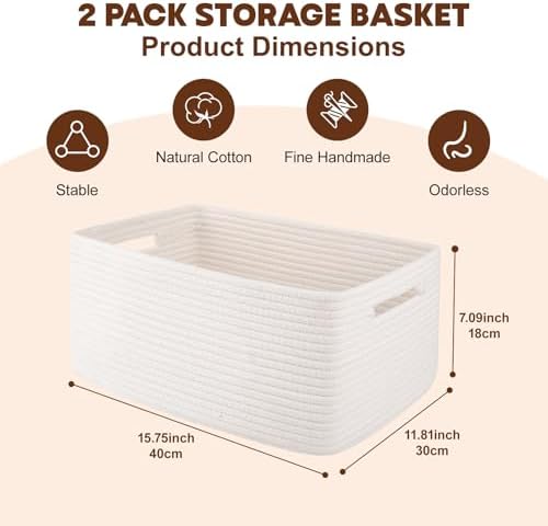 OIAHOMY 2 Pack Woven Rope Storage Baskets for Shelves and Closets