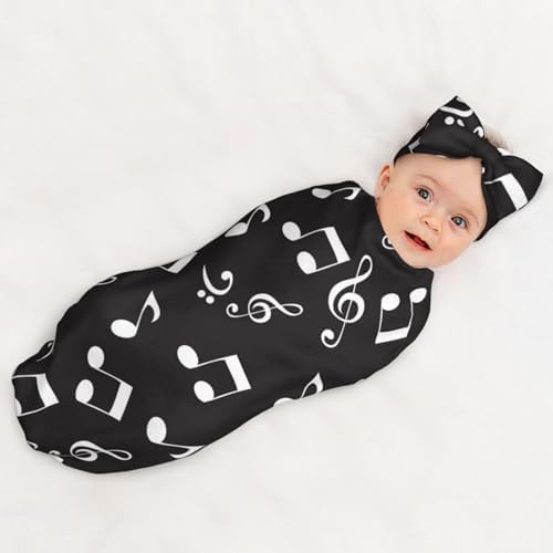White Music Notes Swaddle Blanket with Headband Set for Newborn 1