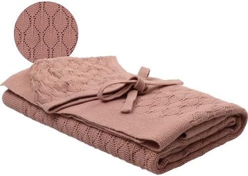 Peluche Pointelle Knit Baby Blanket with Bonnet - Mauve 29 x 36