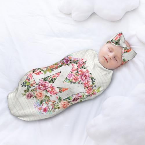 Letter M Flower Swaddle Blanket with Headband for Newborn