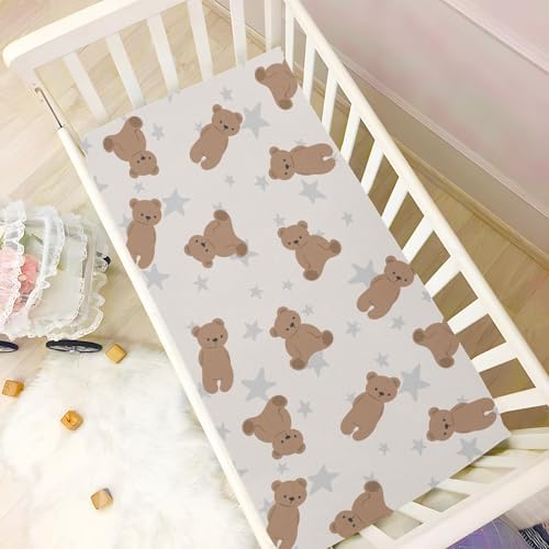 Brown Cute Bear Grey Star Crib Sheets for Baby Toddler