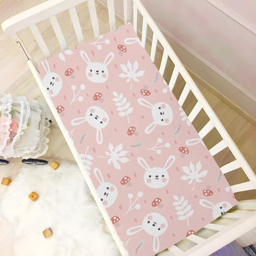 Bunny Mushroom Pink Crib Sheets 52x28in Stretchy Playard Sheets for Baby