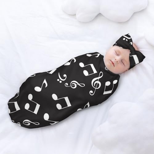 White Music Notes Swaddle Blanket with Headband Set for Newborn 1