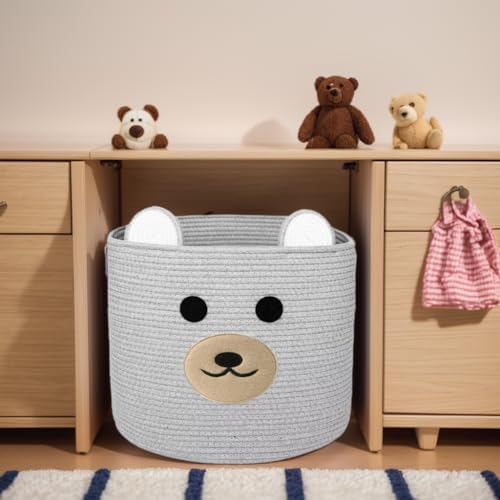 Bear Laundry Baskets Woven Storage Hamper with Handles Grey