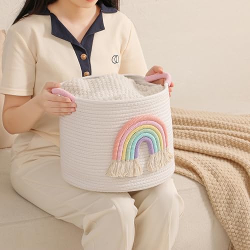 INough Rainbow Woven Cotton Toy Storage Basket for Kids