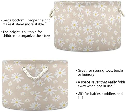 Burbuja Daisy on Beige Round Storage Basket with Cotton Rope Handles 1