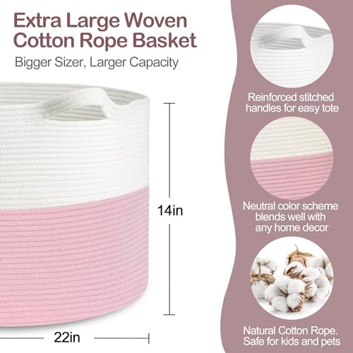 Pink Woven Storage Basket with Handles 22X22X14 XXXL Capacity