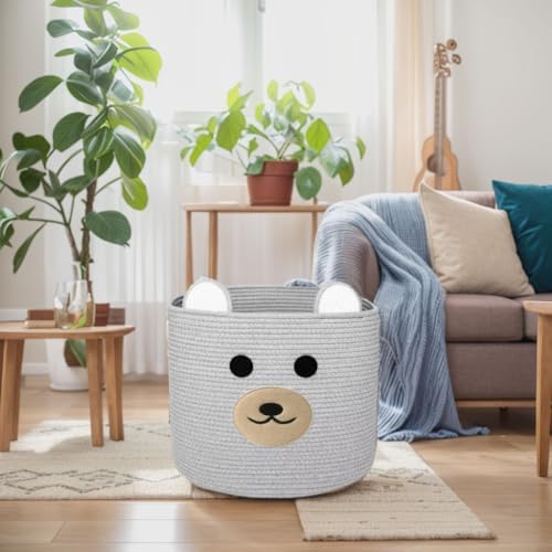 Bear Laundry Baskets Woven Storage Hamper with Handles Grey