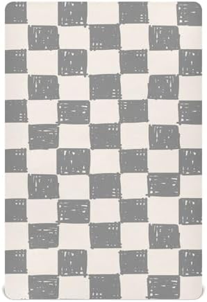 KICPOAY Fitted Crib Sheets Light Grey Checkerboard Doodle Stretchy
