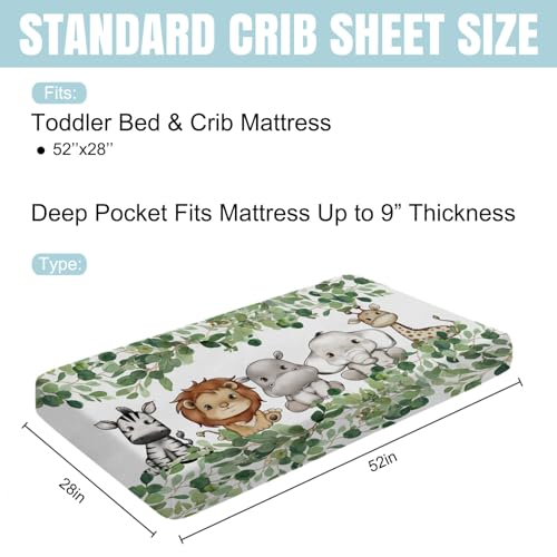 Cute Safari Animals Eucalyptus Leaves Crib Sheet 52x28
