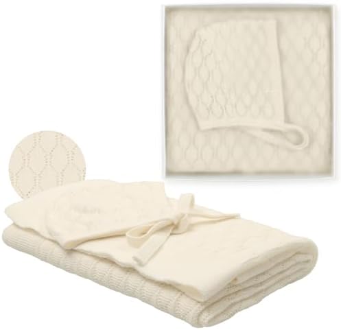 Pointelle Knit Baby Blanket with Bonnet - Cream 29 x 36