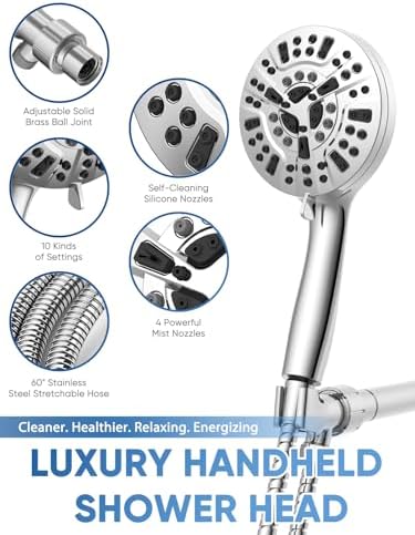 Pavezo High Pressure Handheld Shower Head with 10 Modes and 60 Inch Hose