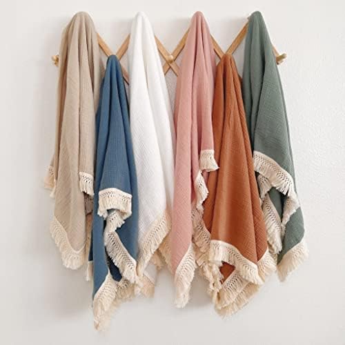 Bettrkind Muslin Receiving Blanket with Boho Fringe Rust