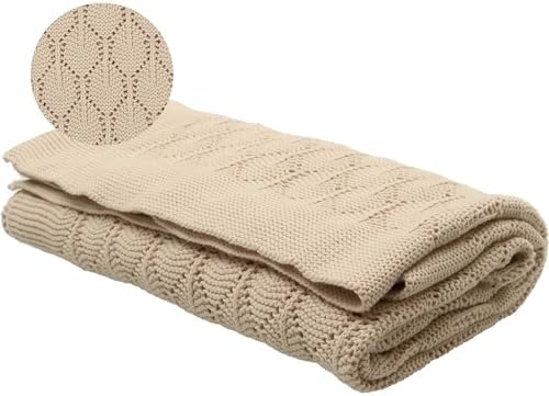 Chunky Pointelle Knit Baby Blanket - Unisex 0-3 Months Tan 29x36