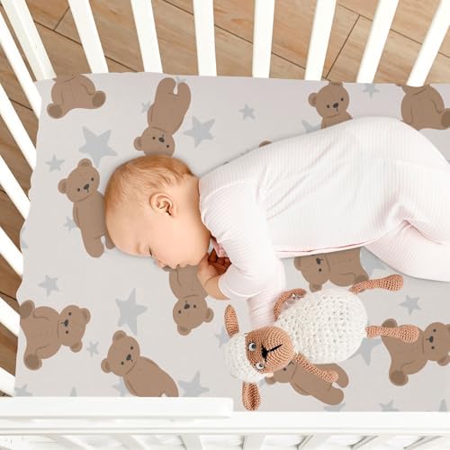 Brown Cute Bear Grey Star Crib Sheets for Baby Toddler