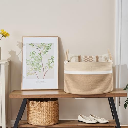KAKAMAY Cotton Rope Blanket Basket 20x13 Foldable Storage