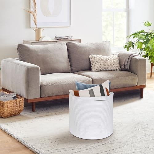 Large White Woven Storage Basket with Handles