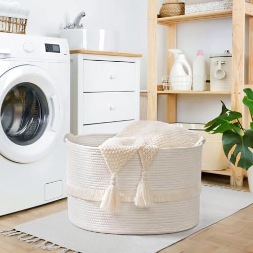 White Large Blanket Basket with Handle 20x13 Woven Storage Basket