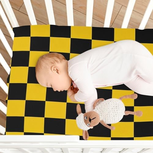 Wassud Yellow and Black Checkered Crib Sheets Set