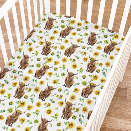 KASTLEE Watercolor Cows Sunflowers Crib Sheets 52x28 Fitted