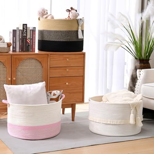 White Large Blanket Basket with Handle 20x13 Woven Storage Basket
